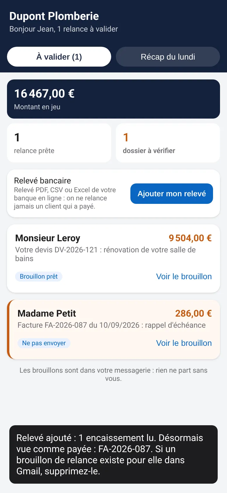 Après ajout du relevé : « 1 encaissement lu, désormais vue comme payée : FA-2026-087 », et la carte de Mme Petit passe en « Ne pas envoyer ».